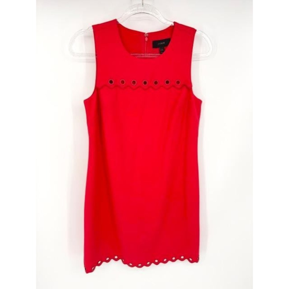 J‎ Crew Red Scalloped Eyelet Sleeveless Shift Dress Round Neck Size 4 60s